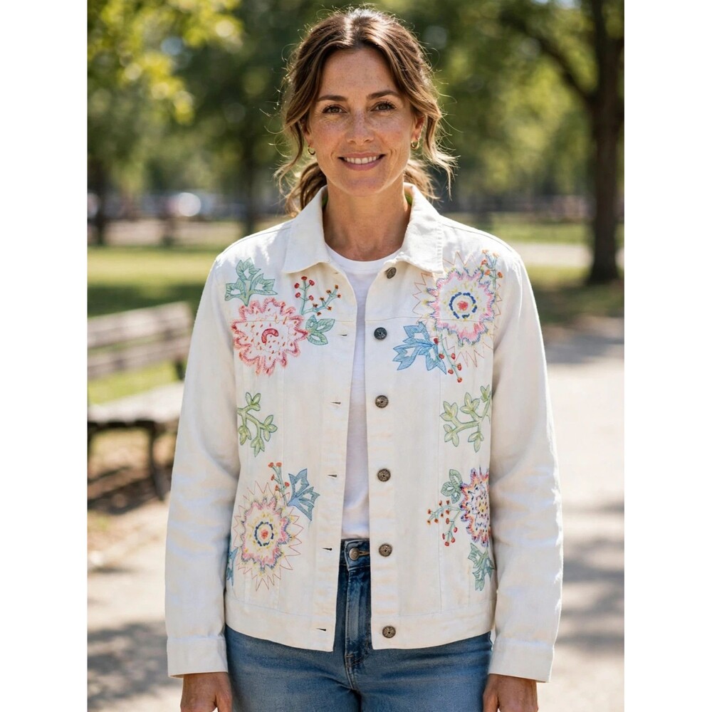 Vintage White Stag White Floral Embroidered Jacket Button Front Coquette Western